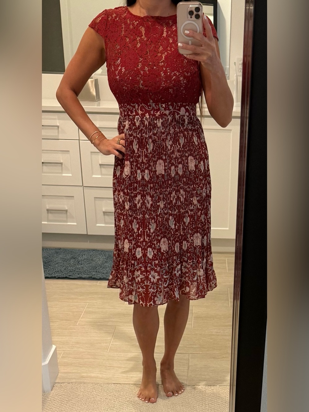 Plenty by Tracy Reese Red Floral Lace Bodice Pleated Midi Dress - Picture 1 of 11